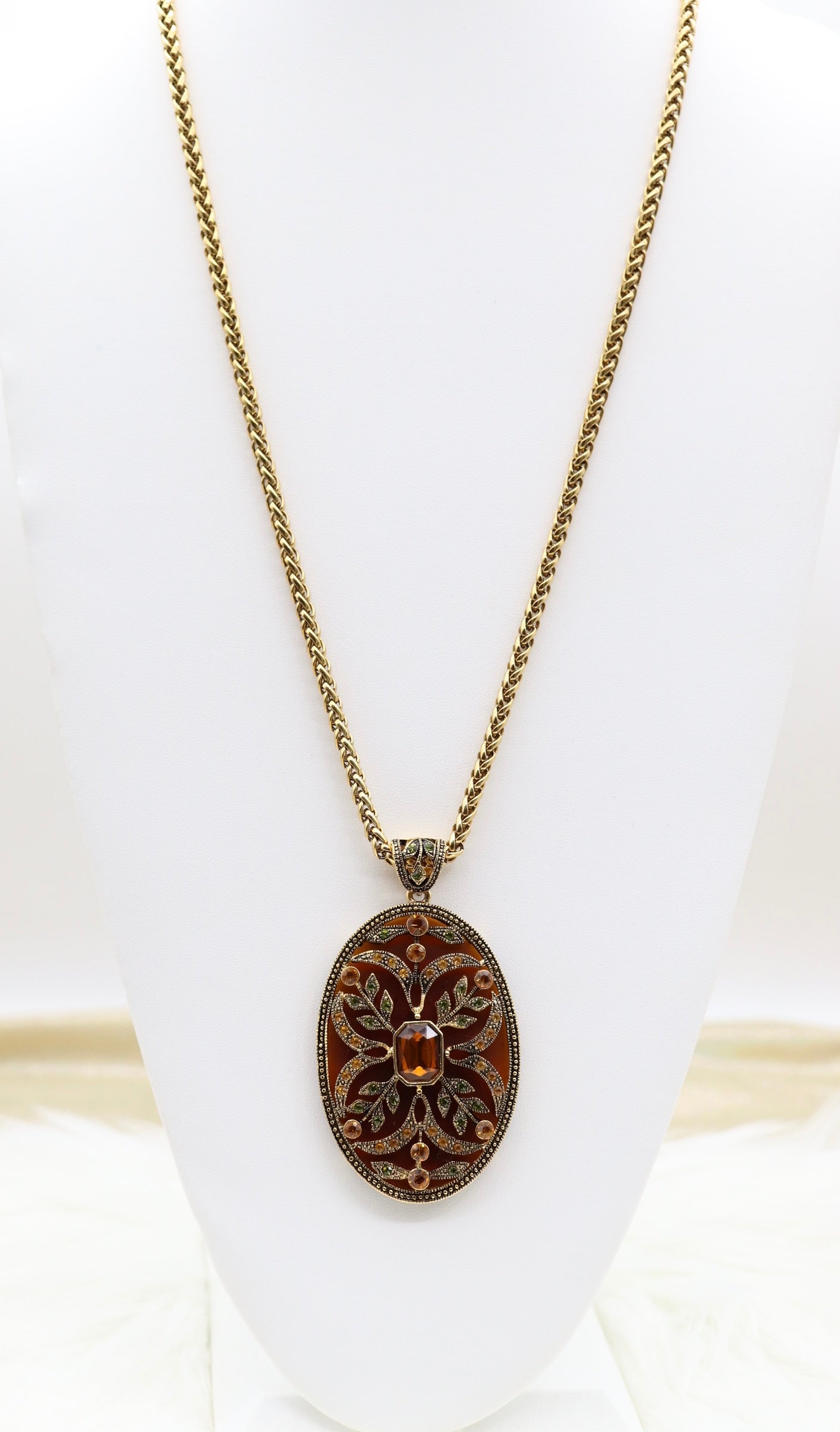 Enameled Renaissance Style With Fine Light Brown CZ Pendant Oval Necklace With Matching Clip On Earrings