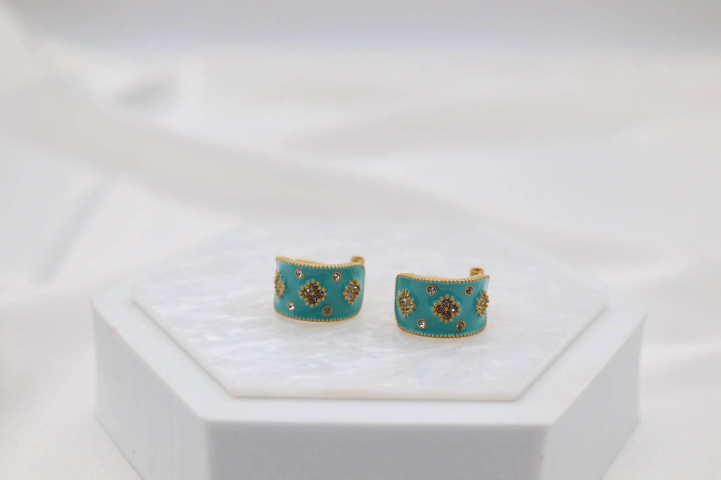 Turquoise Enamel CZ Huggie Earrings