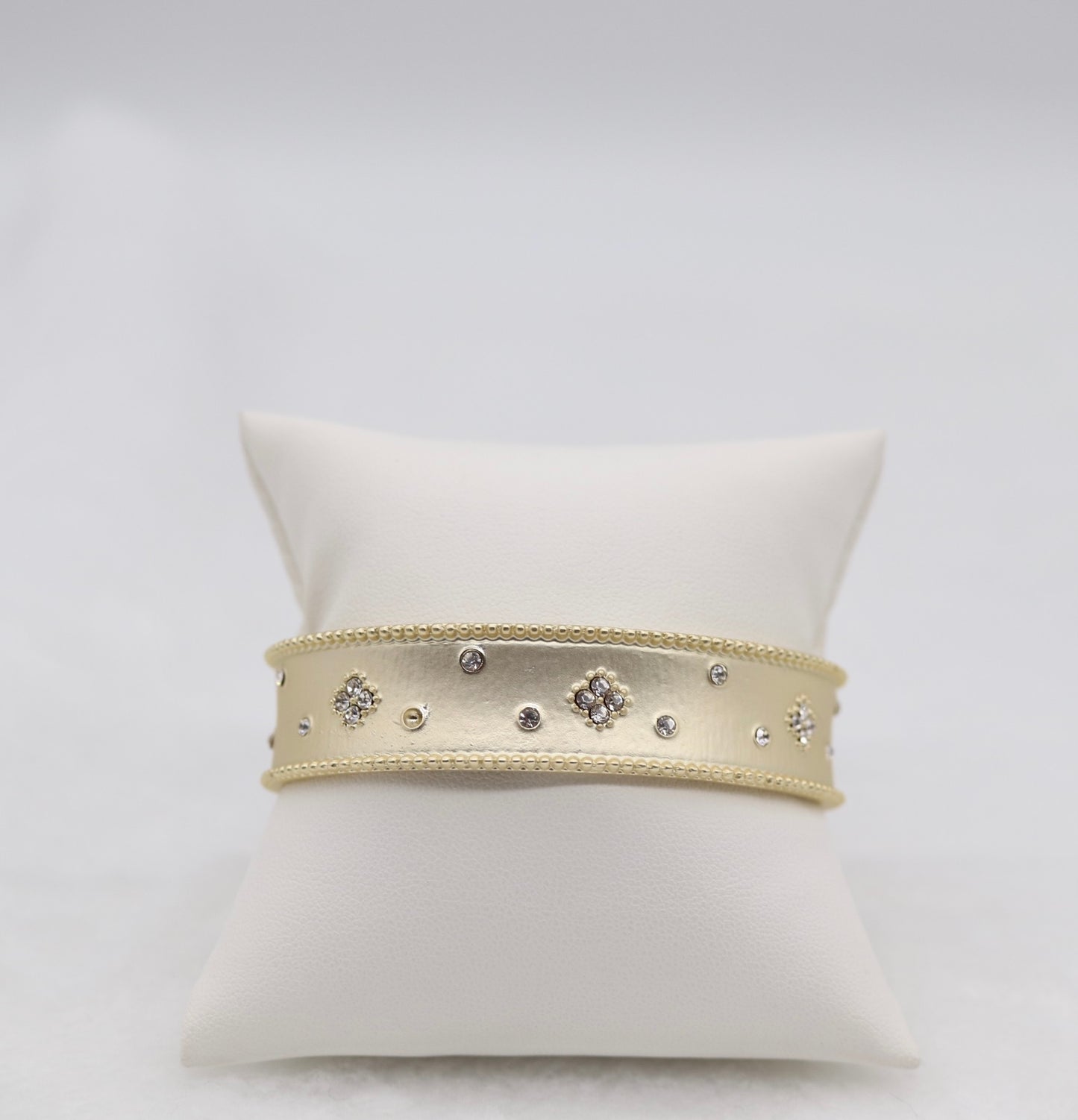 Gold Cuff Bracelet with Delicate Crystal Accents and Milgrain Edges
