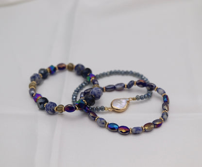 Gold Blue Purple Glass Stone Bead Bracelet Set