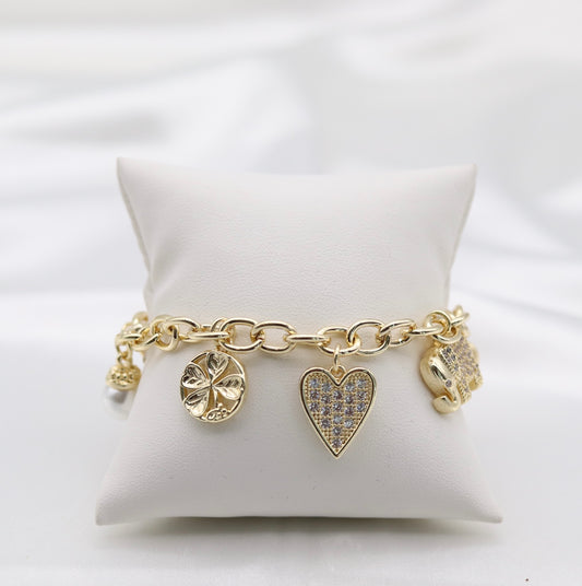 Gold Crystal Lucky Charm Bracelet with Heart, Elephant & Butterfly