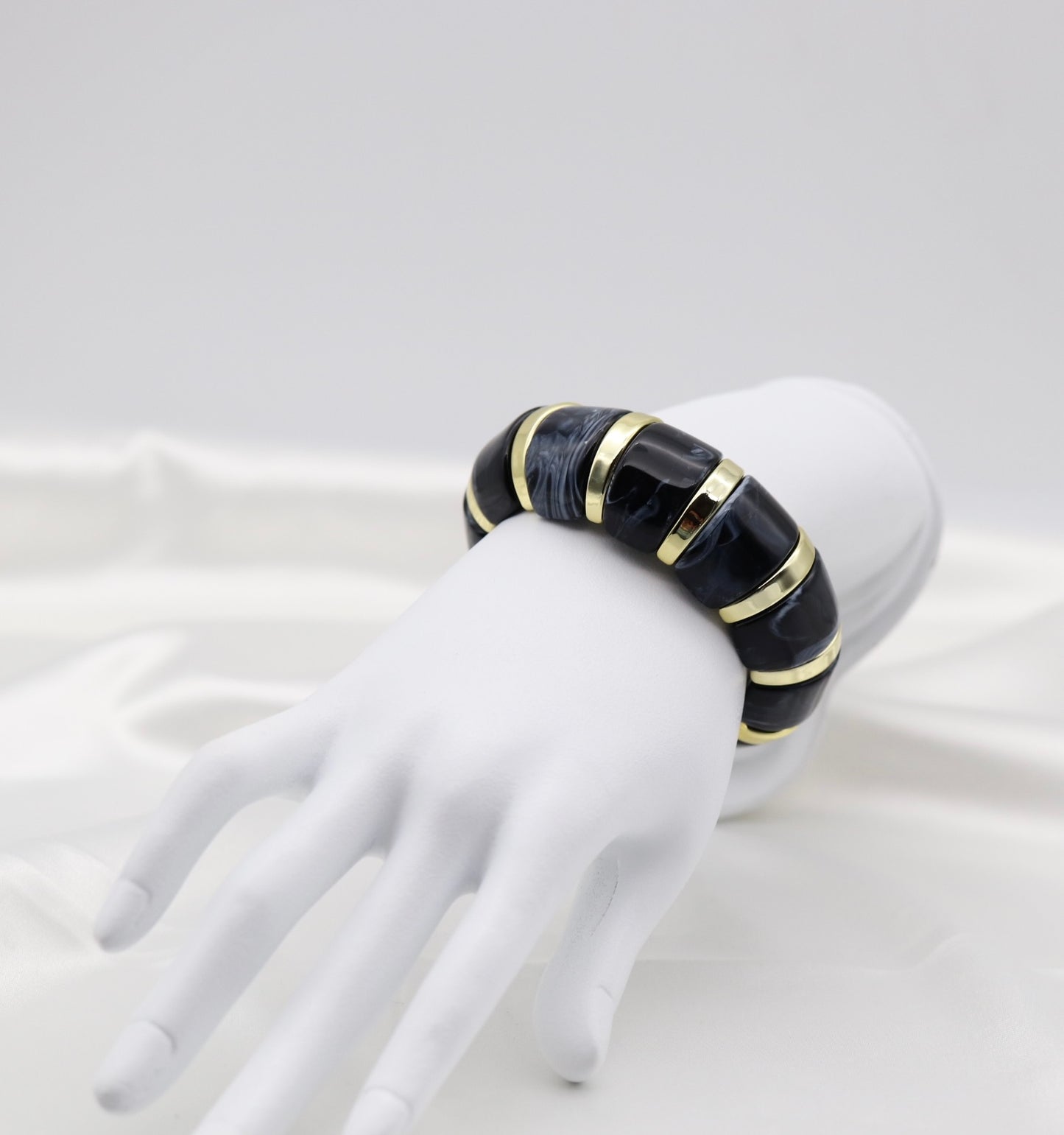 Charcoal Marble Stretch Bracelet with Polished Gold Accents