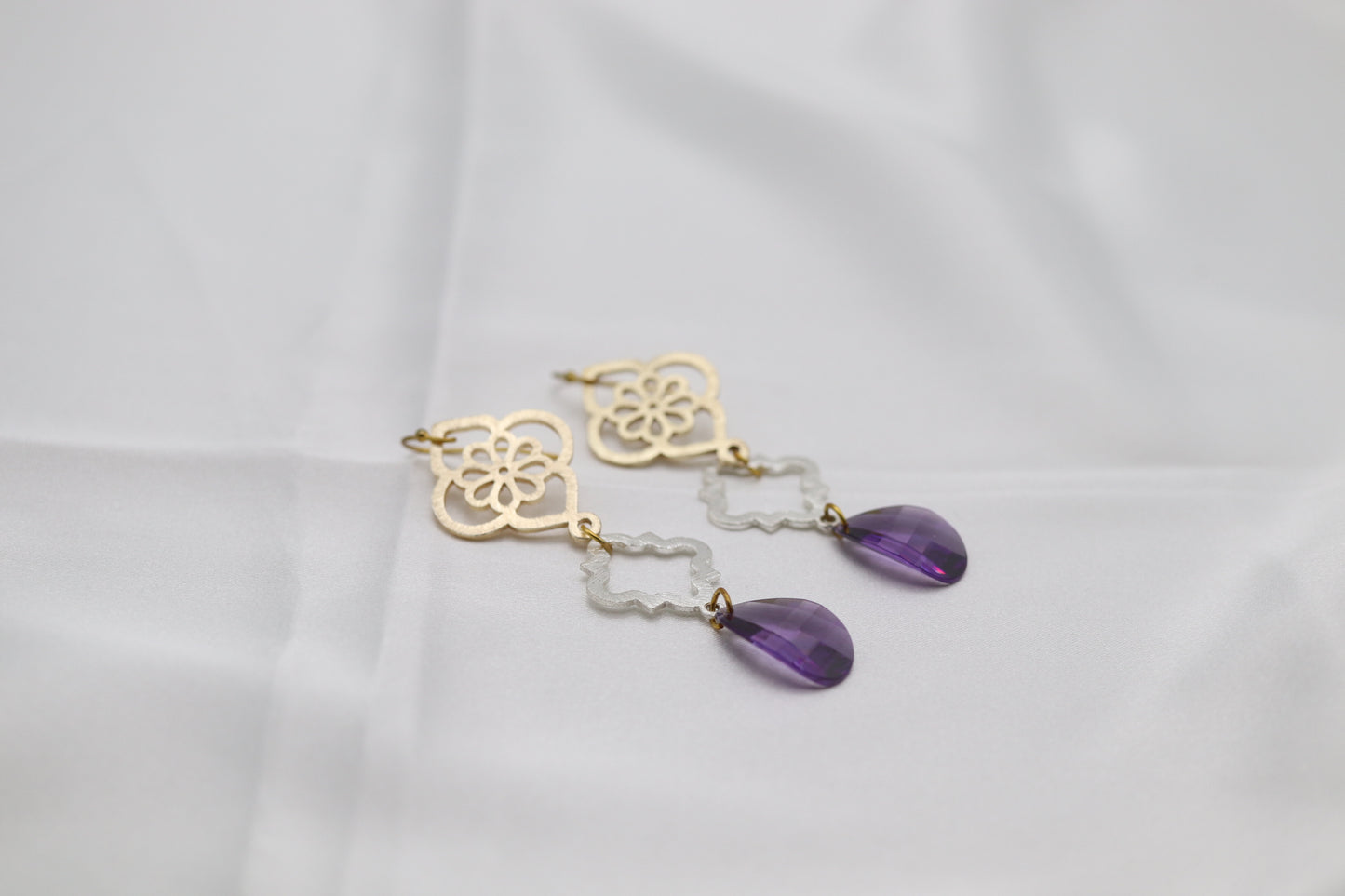 Filigree Dangling Purple Stone Earrings Made With Faceted Fancy Cut Cubics