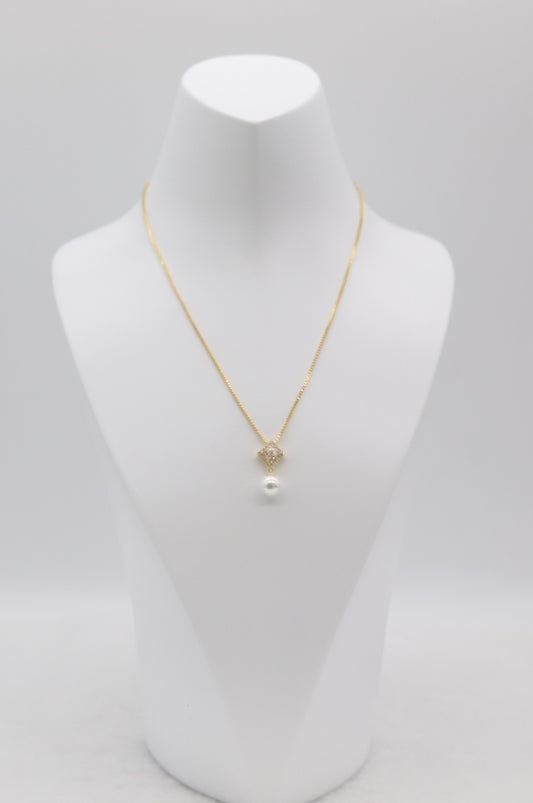 Gold Pearl Drop Necklace – Diamond Accent Square Pendant