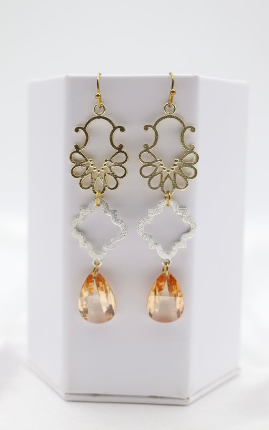 Filigree Dangling Peach Stone Earrings Made With Faceted Fancy Cut Cubics