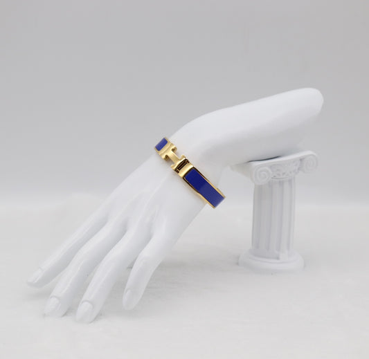 Royal Blue Enamel “H” Bracelet – Gold Tone