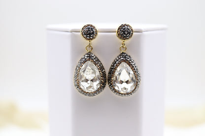 Matching Necklace and Earrings With Pear Shaped Clear Faceted CZ Stones With Gold Trim