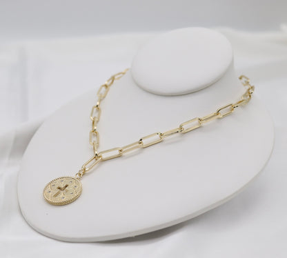 Gold Paperclip Chain Cross Medallion Necklace