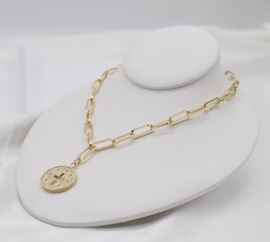 Gold Paperclip Chain Cross Medallion Necklace