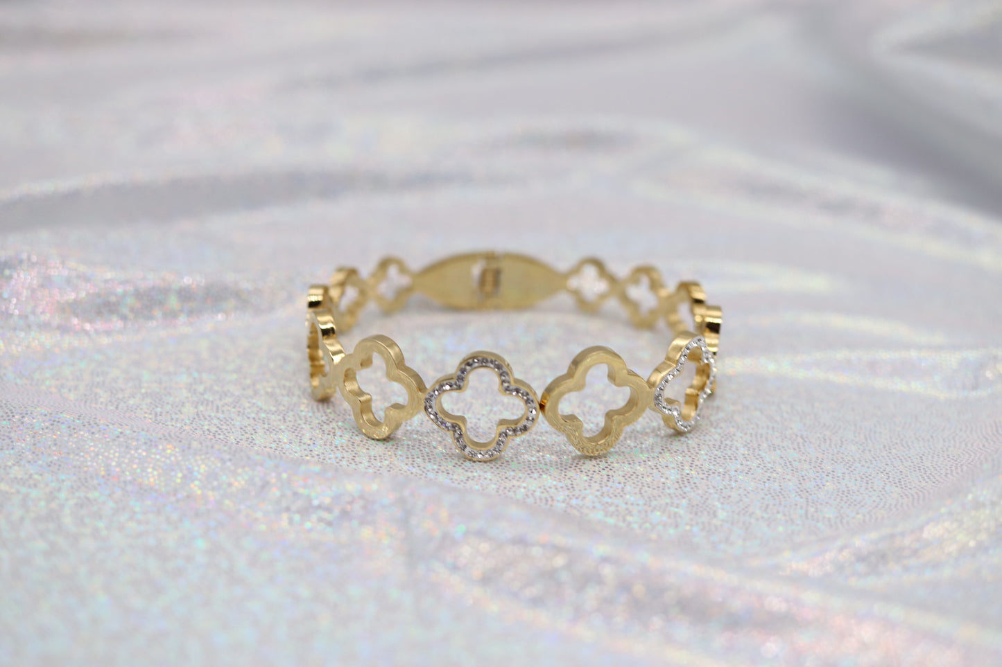 CZ and Gold Clover Cuff Bracelet