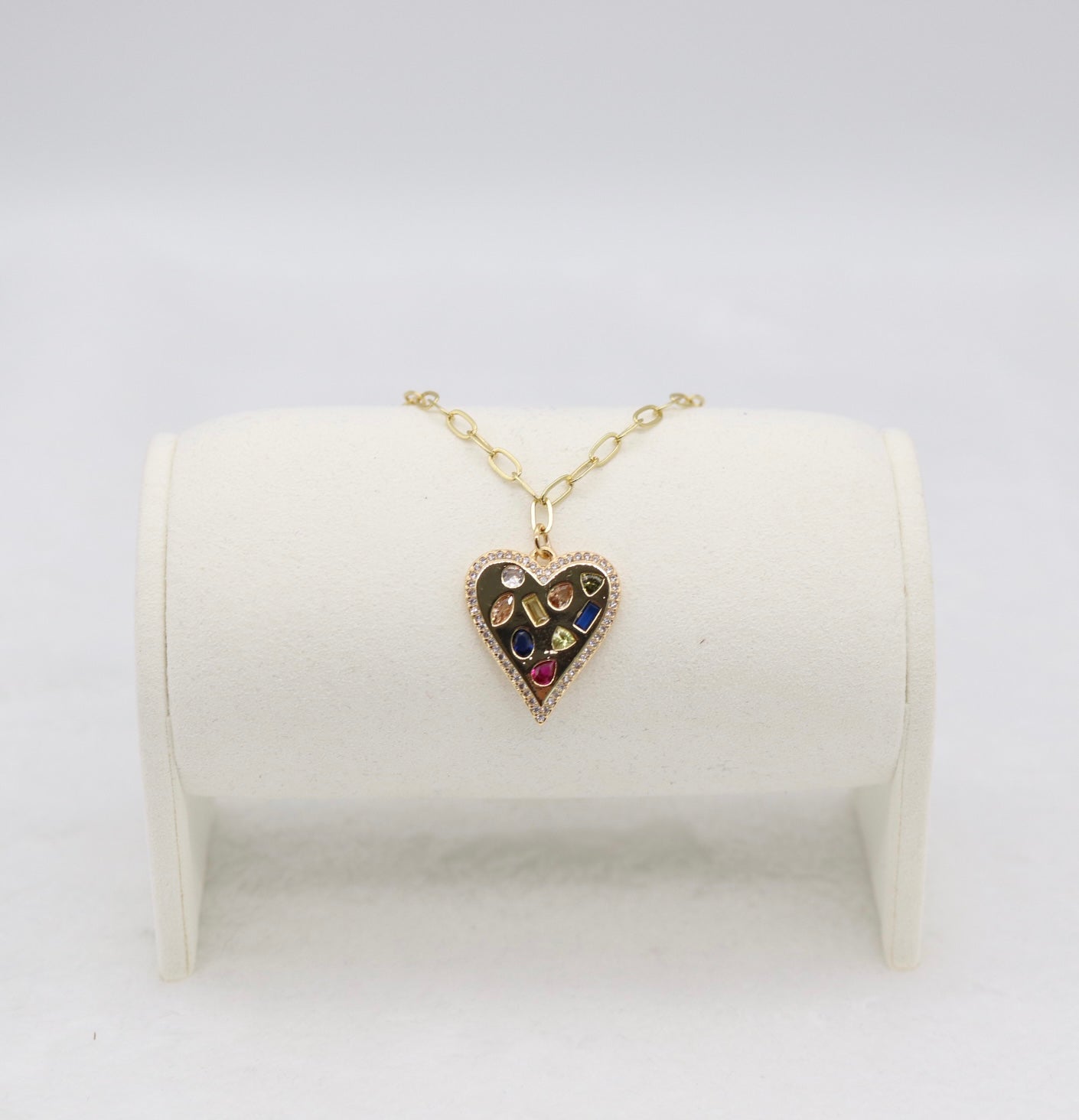 Gold Heart Pendant Necklace – Multi-Gemstone Mosaic Design