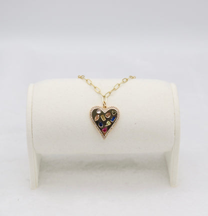 Gold Heart Pendant Necklace – Multi-Gemstone Mosaic Design