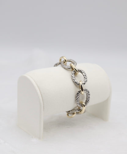 Textured Silver and Gold Link Bracelet with Crystal Accents