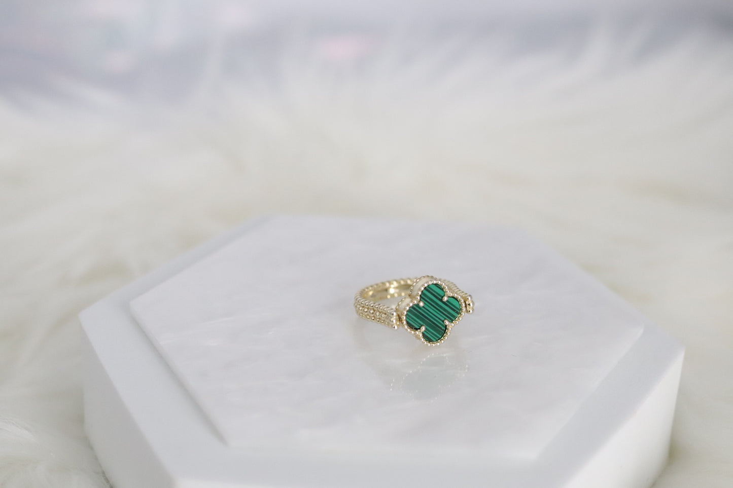 Dark Teak Green Clover Gold Reversible Ring - Size 8