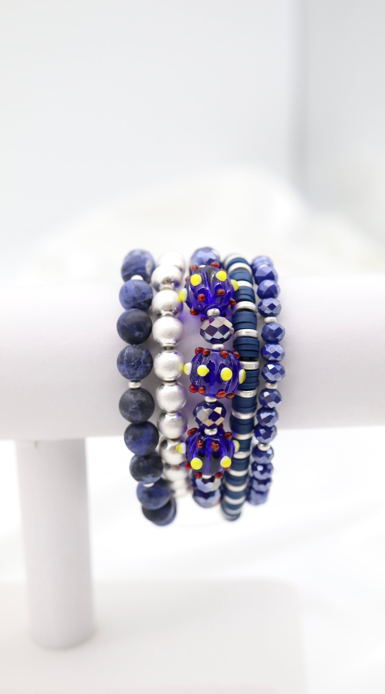 Silver Navy Blue Stone Glass Bead Bracelet