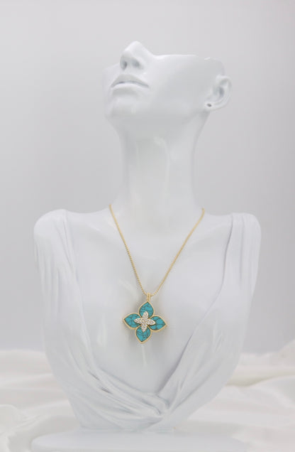 Turquoise Clover Statement Pendant Necklace – Gold Tone with Crystal Center
