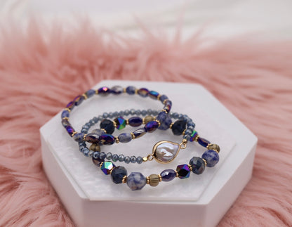 Gold Blue Purple Glass Stone Bead Bracelet Set