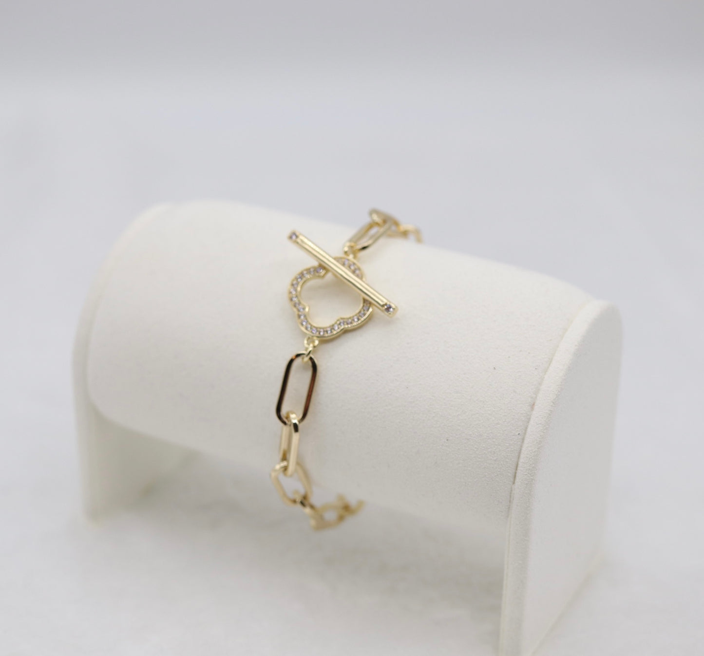 Gold Paperclip Bracelet with CZ Clover Toggle