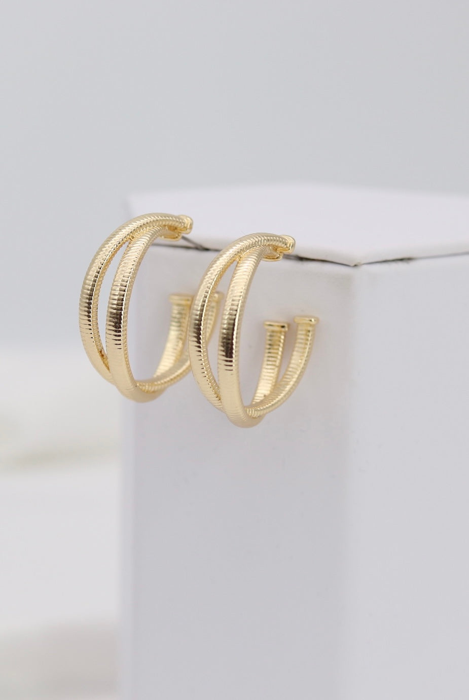 Layered Gold Hoop Earrings – Double Band Ribbed Hoops