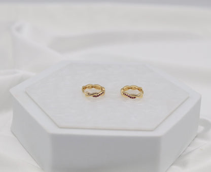 Twisted Gold Ruby Crystal Huggie Earrings