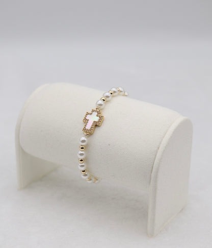 Mother of Pearl Cross & Pearl Beaded Bracelet – Faithful Elegance