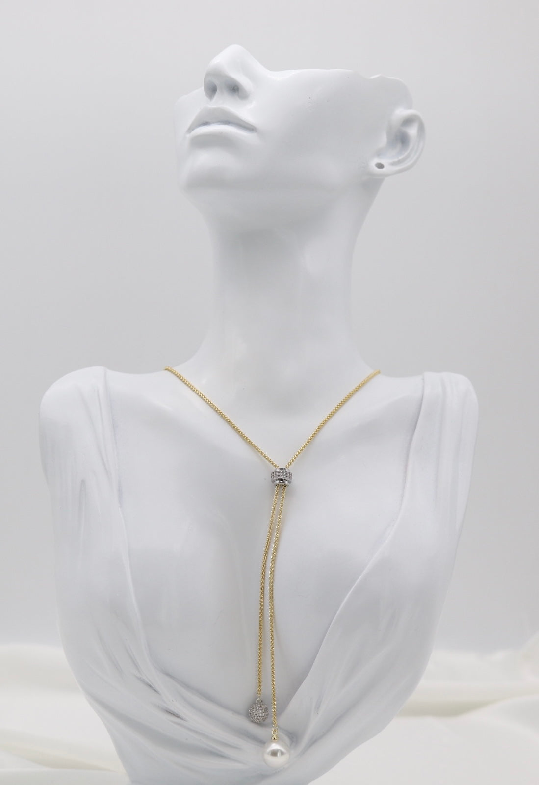 Gold Tone Lariat Necklace with Pearl Drop & Crystal Accent