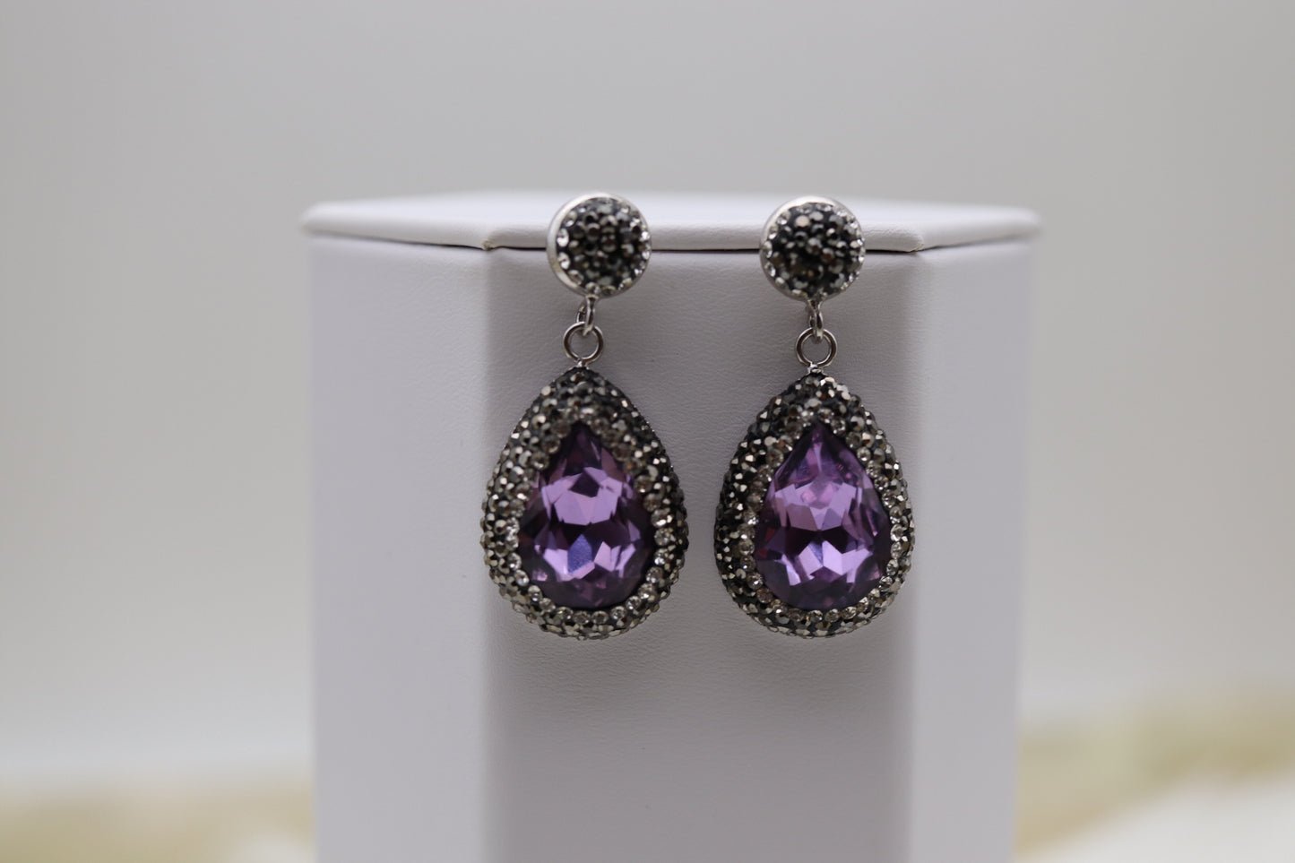 Matching Necklace and Earrings With Pear Shaped Amethyst Faceted CZ Stones