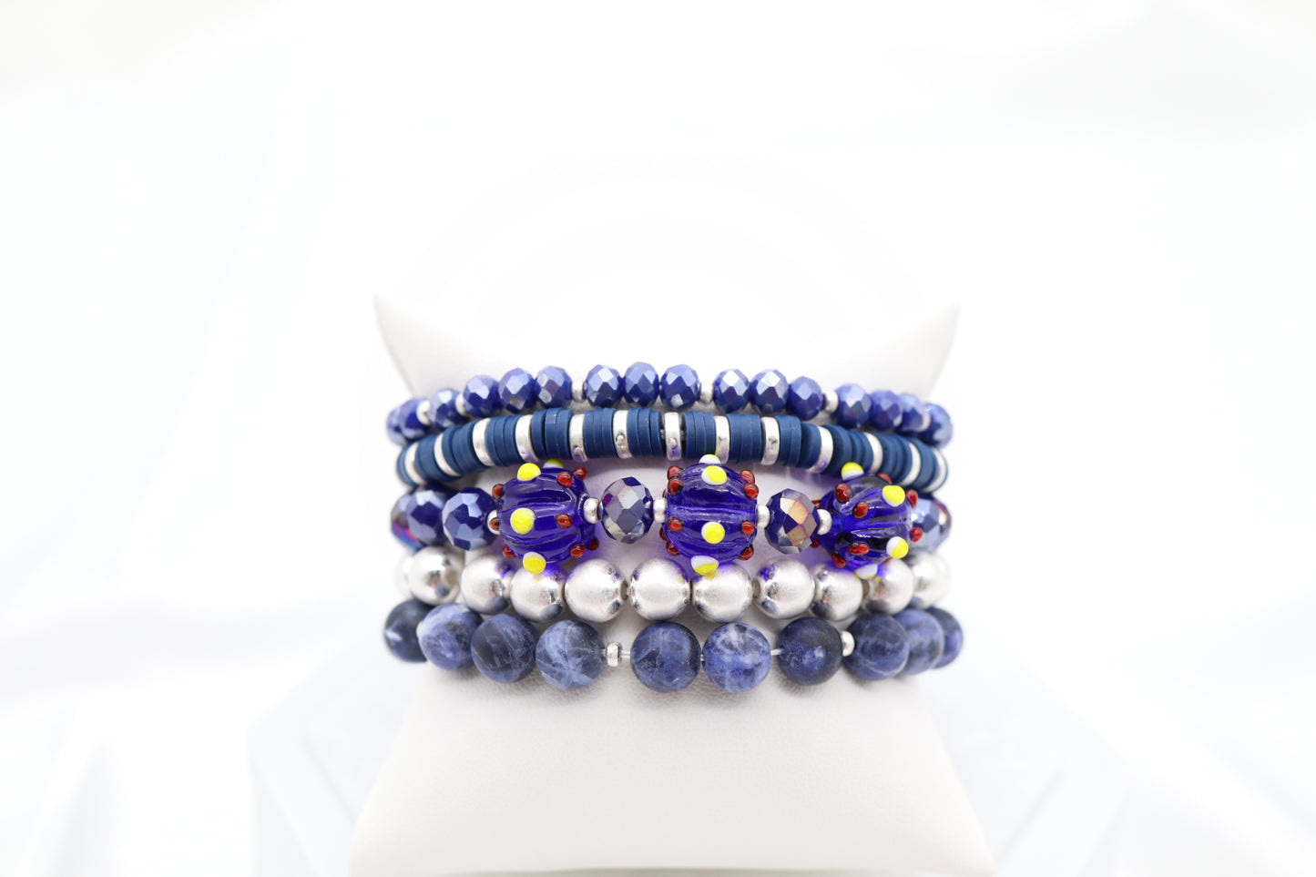 Silver Navy Blue Stone Glass Bead Bracelet