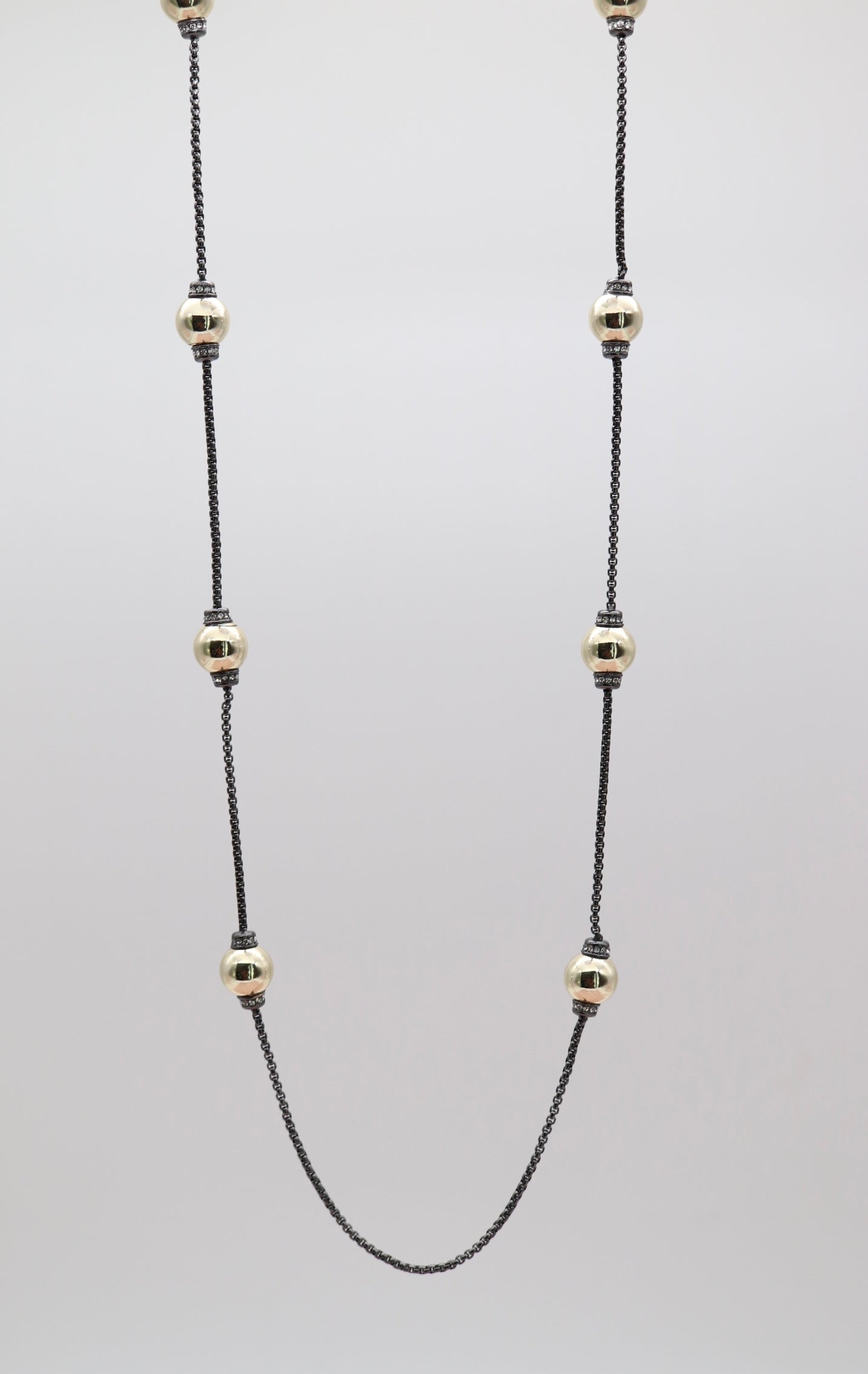 Long Black Necklace With Gold Ball Stations