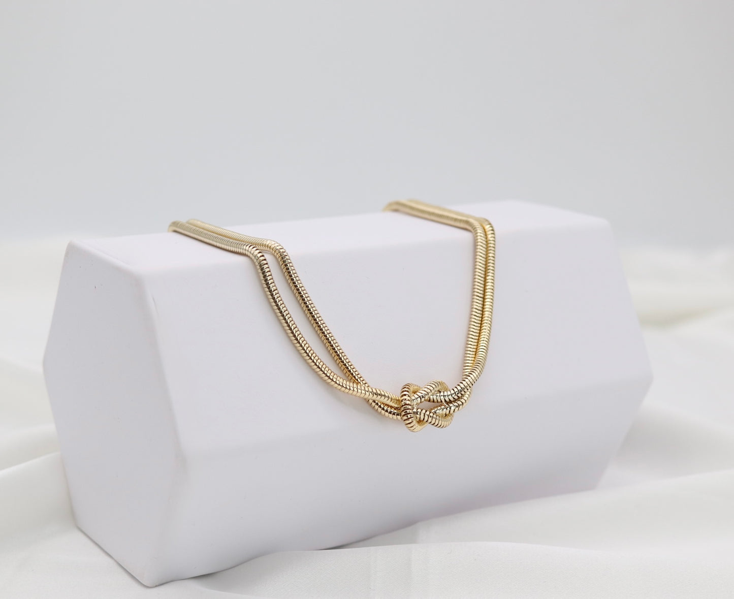 Gold Tone Double Snake Chain Knot Necklace – Modern Statement Collar