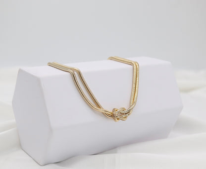 Gold Tone Double Snake Chain Knot Necklace – Modern Statement Collar