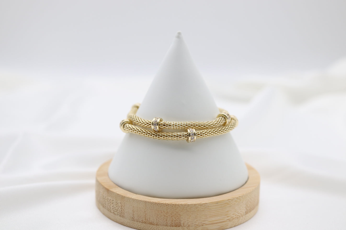 Gold Mesh-Chain Bracelet with Round CZ Stations