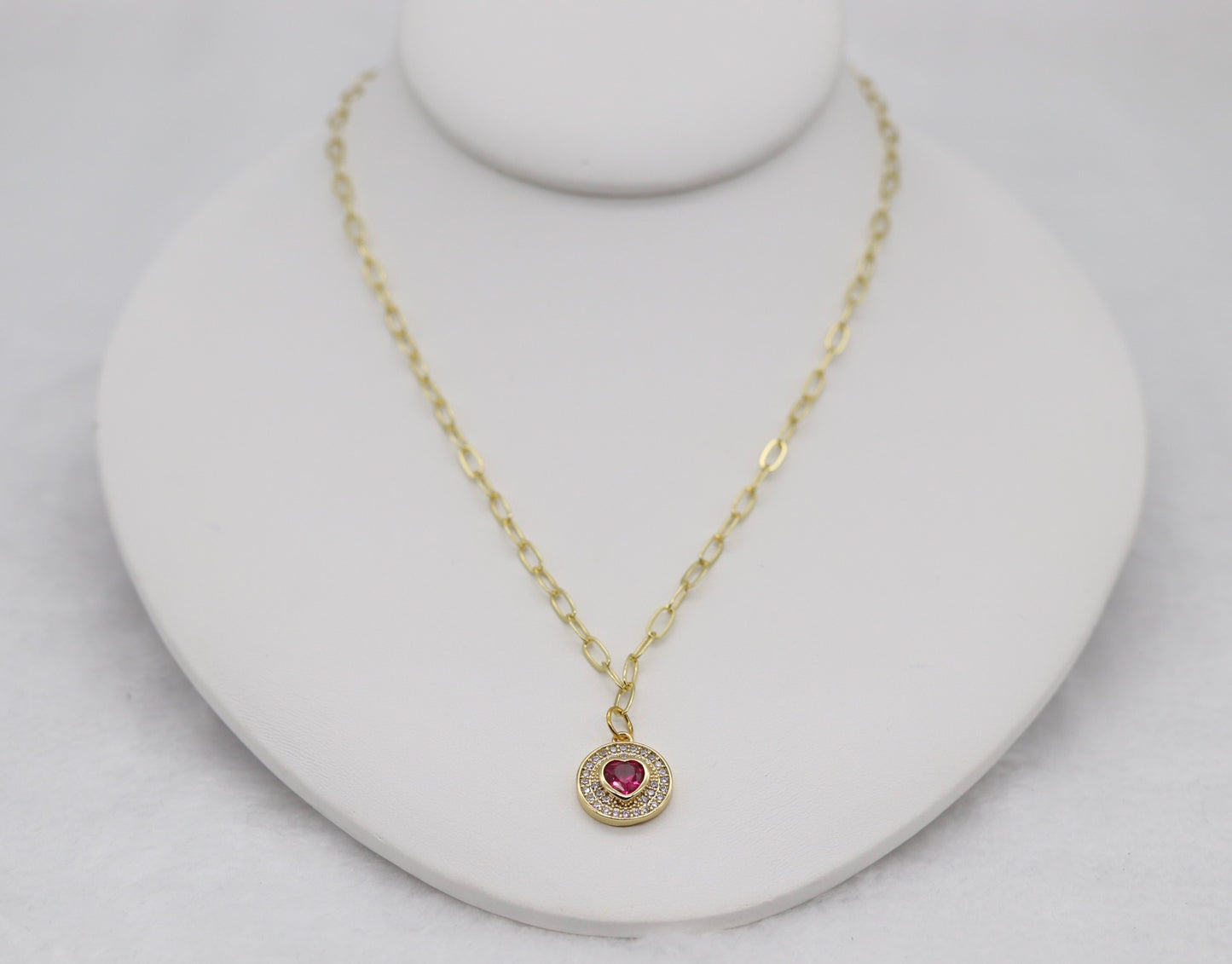 Gold Heart Pendant Necklace – Red Gemstone Center with Crystal Halo