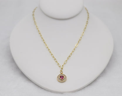 Gold Heart Pendant Necklace – Red Gemstone Center with Crystal Halo