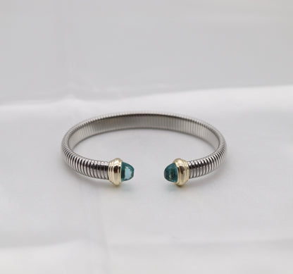 Silver Tubogas Cuff Bracelet With Light Blue Crystal Ends