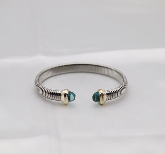 Silver Tubogas Cuff Bracelet With Light Blue Crystal Ends