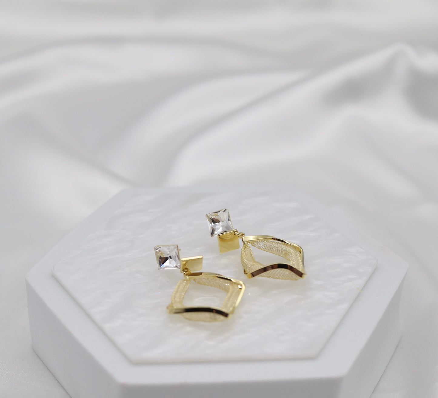 Geometric Textured Gold Drop Earrings with Crystal Studs