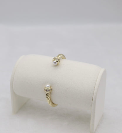 Gold Cable Cuff Bracelet with Pearl and Crystal Accents