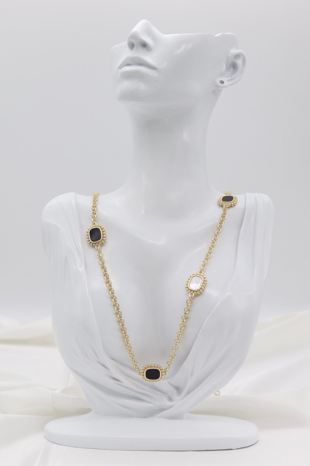 Black & Mother-of-Pearl Medallion Station Necklace – Gold Beaded Chain