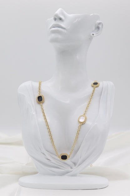 Black & Mother-of-Pearl Medallion Station Necklace – Gold Beaded Chain