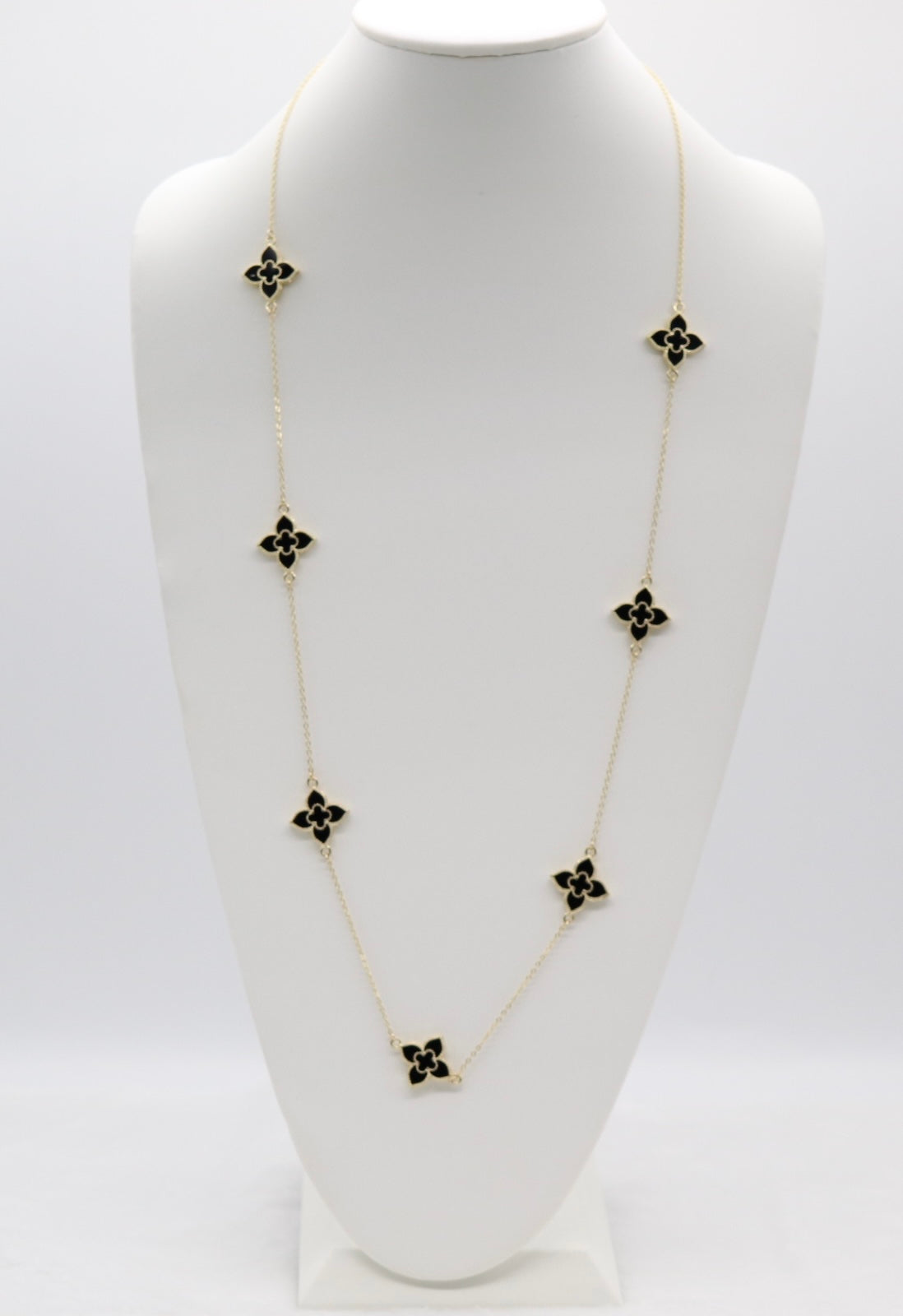 Gold Clover Station Necklace with Black Enamel Accents