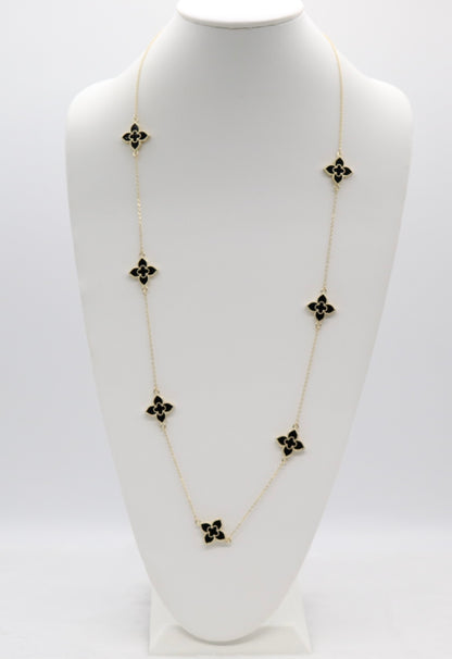 Gold Clover Station Necklace with Black Enamel Accents