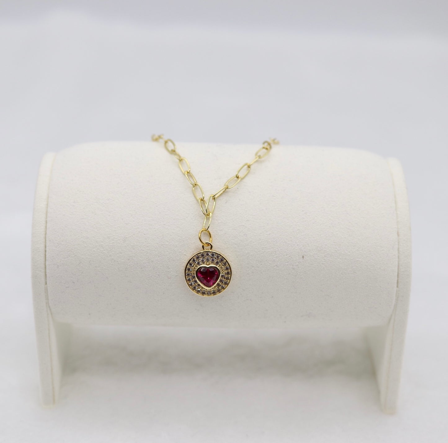 Gold Heart Pendant Necklace – Red Gemstone Center with Crystal Halo