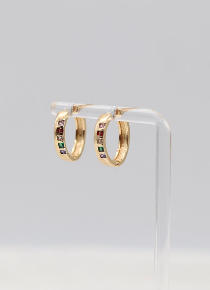 Rainbow Gemstone Huggie Hoop Earrings – Gold Multi-Color Crystal Hoops