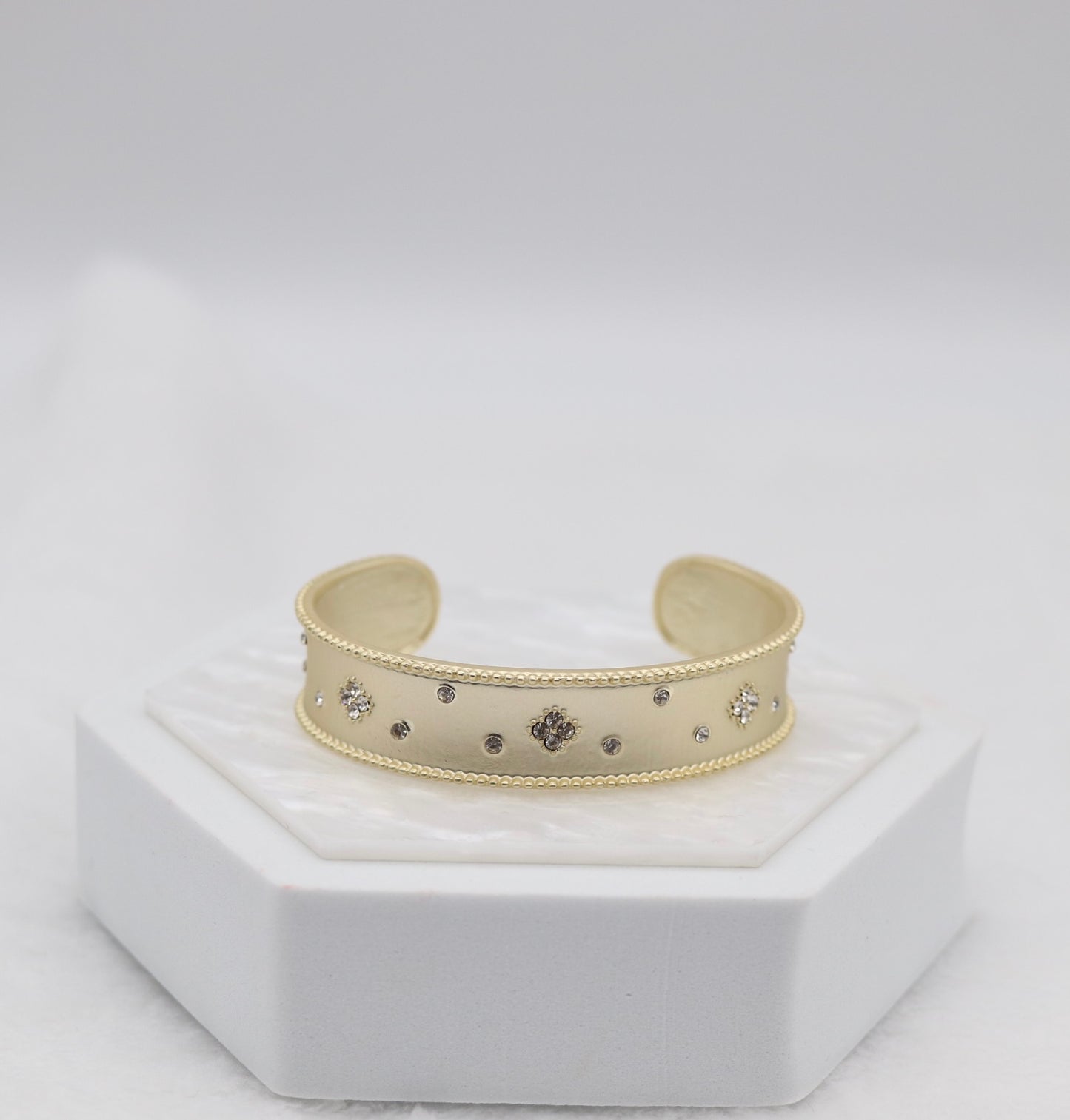 Gold Cuff Bracelet with Delicate Crystal Accents and Milgrain Edges