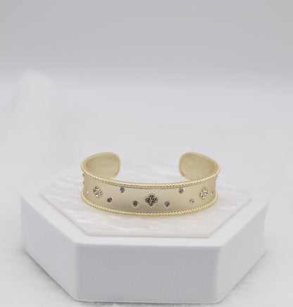 Gold Cuff Bracelet with Delicate Crystal Accents and Milgrain Edges
