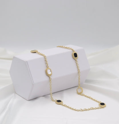 Black & Mother-of-Pearl Medallion Station Necklace – Gold Beaded Chain