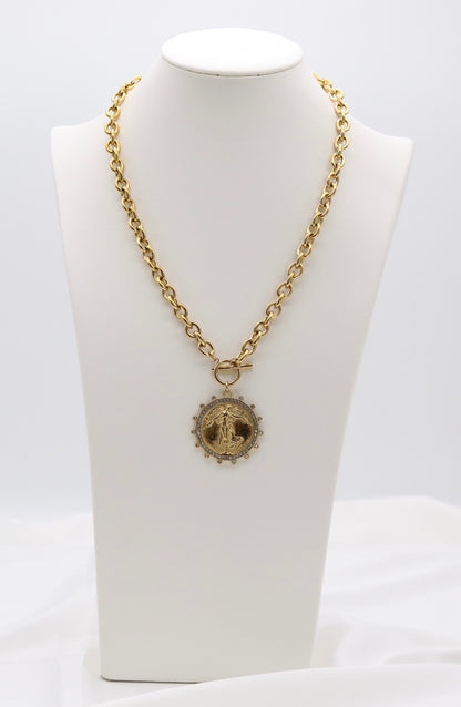 Gold-Tone Crystal Winged Goddess Medallion Necklace