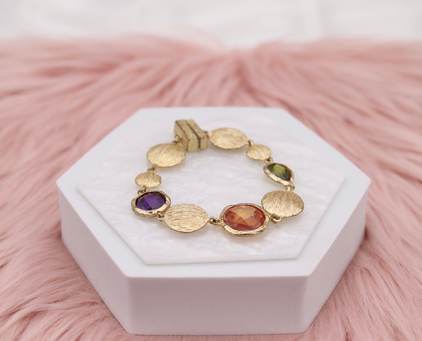 Purple, Coral and Emerald Green Stones Linked With Gold Discs Bracelet