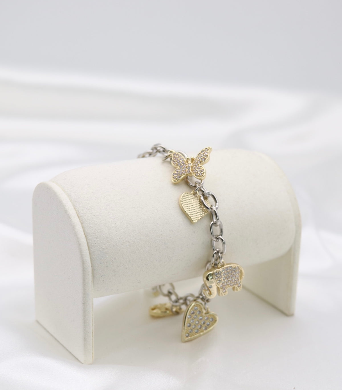Two-Tone Crystal Charm Bracelet with Heart, Elephant & Pearl
